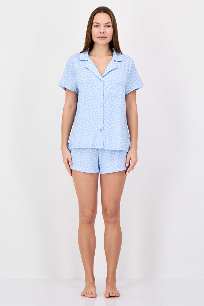 NINE WEST Women 2 Pieces Polka Dots Shirt And Shorts Pajama Set, Blue - Image 2